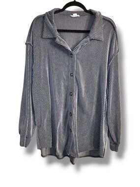 🖤 ChicSoul 2X Striped Ribbed Top Oversized Button Front Casual Tunic